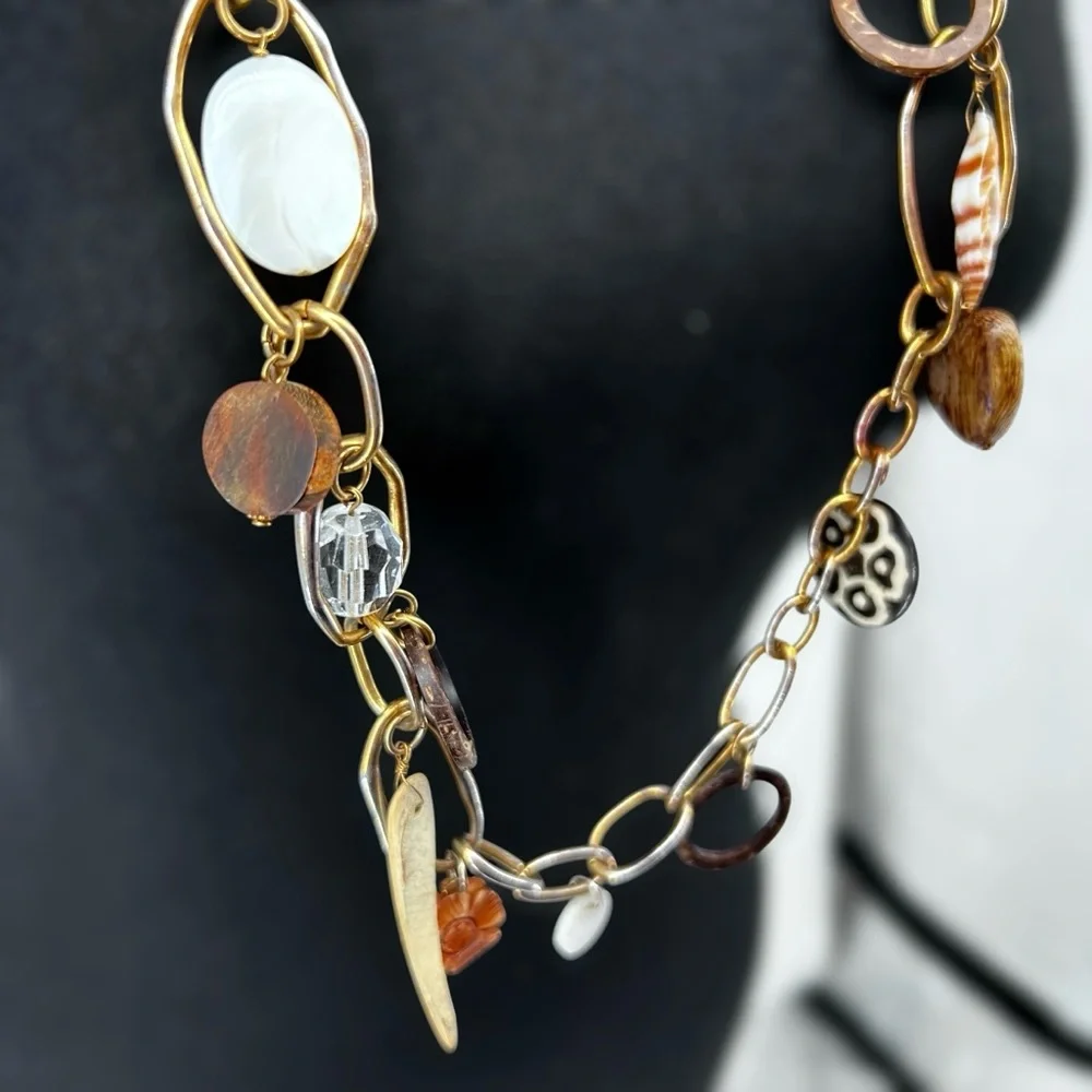 Vtg RJ Graziano Beachy Chain Link Charm Necklace Natural Worn Gold Plated Tribal